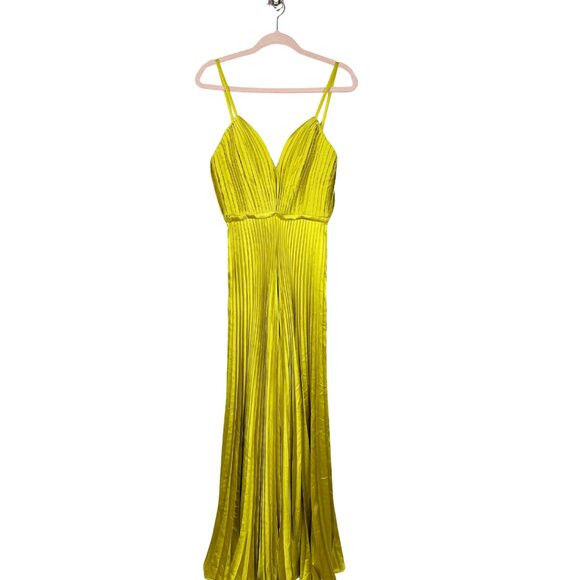 NWT Mac Duggal Pleated Plunge Neck Wide Leg Jumpsuit Chartreuse 6 #8483 - Picture 6 of 11
